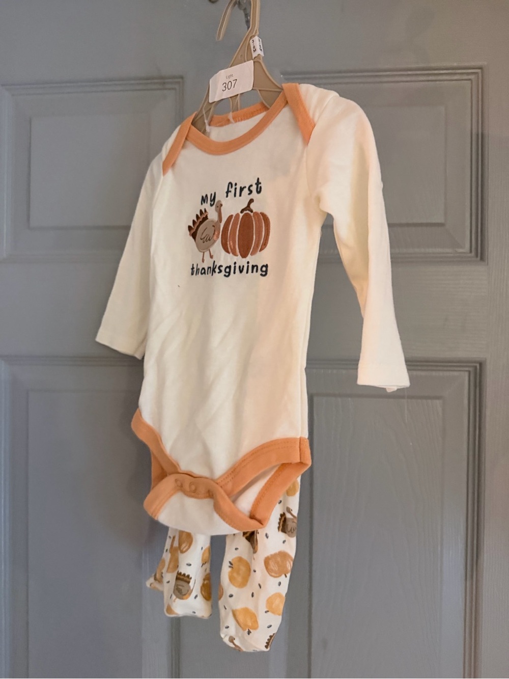 chick pea White Baby Shirt and pants with footie with Orange Trim